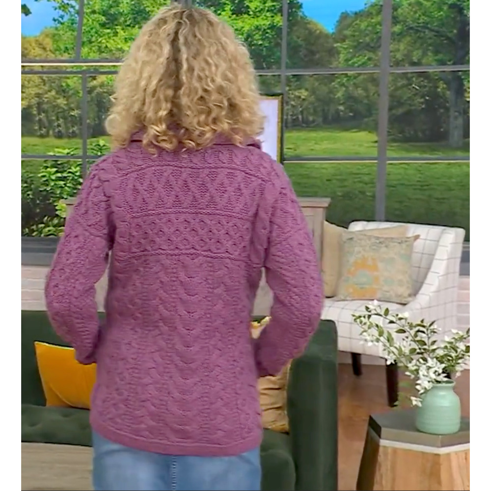 NEW ARAN CRAFTS PLUM MERINO WOOL ZIP FRONT CABLE KNIT CARDIGAN SWEATER COAT XXL - Picture 7 of 16